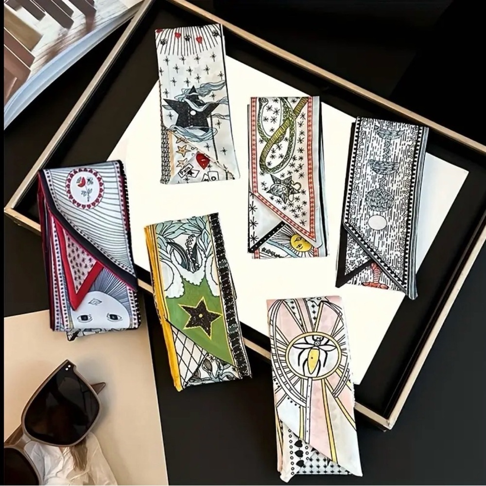Set of 6 Tarot Card Twilly Scarves Silk Ribbon Whimsigoth Mystical Celestial